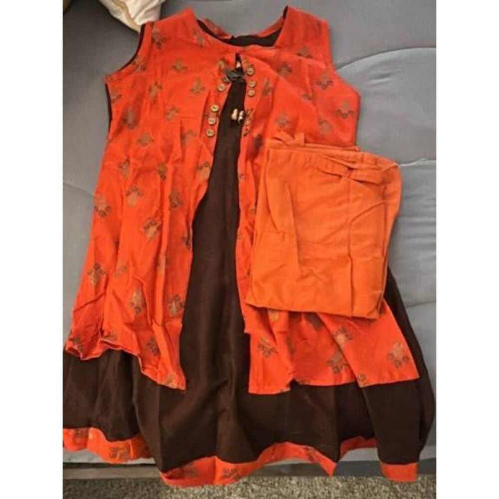 Indian Ethnic 3-Piece Set Orange Brown Kurti Jacket Pants Sz 36